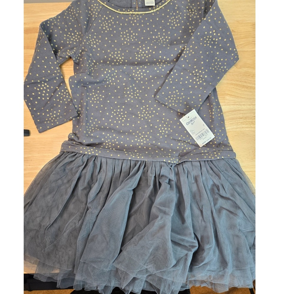 OshKosh Bgosh Girls Gray Gold Foil Polka Dot Tulle Tutu Dress Size 7 NWT